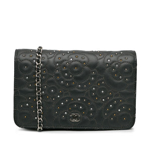 Chanel Camellia Wallet On Chain Black Studded Calfskin