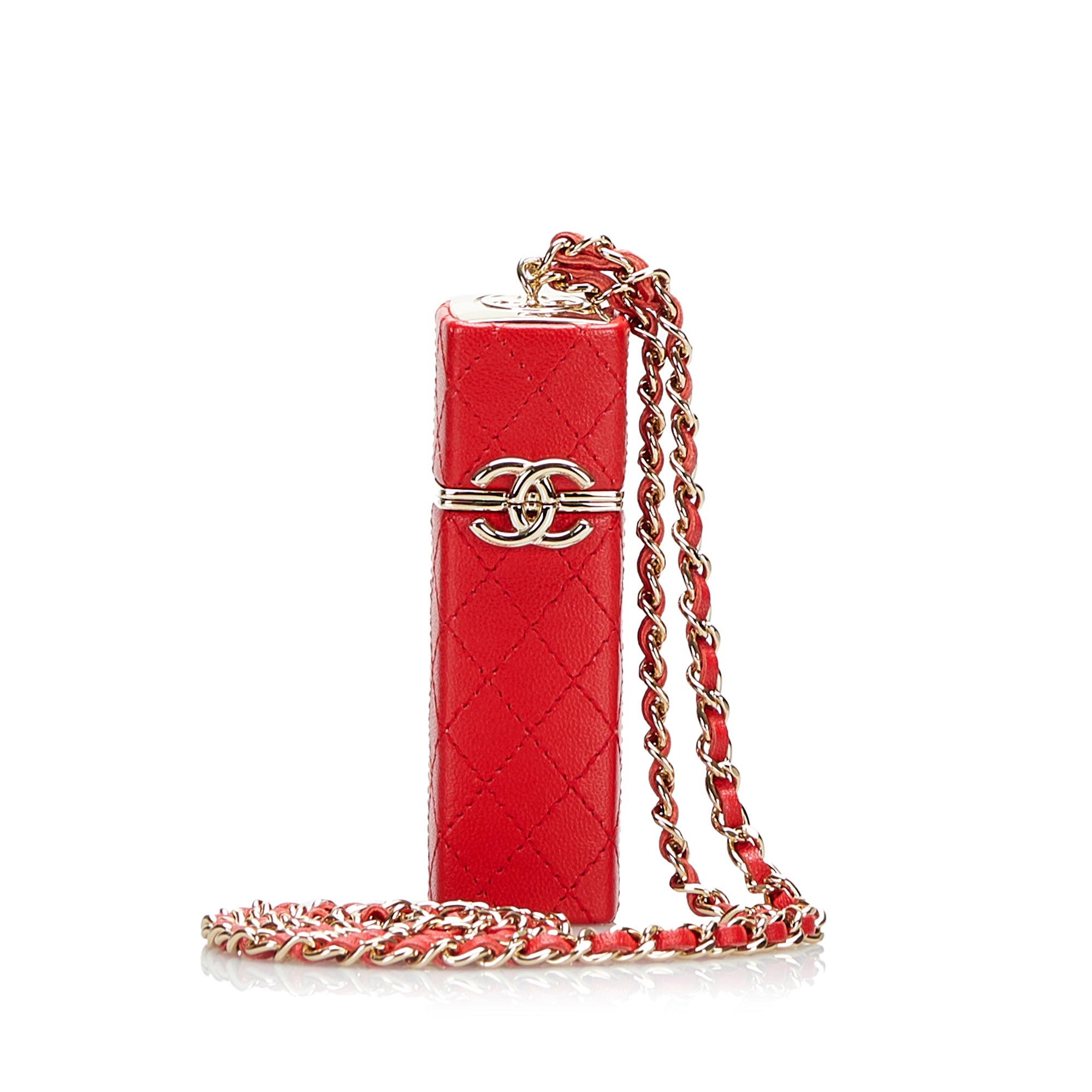 Chanel CC Lambskin Squared Lipstick Case on Chain Red Lambskin Gold