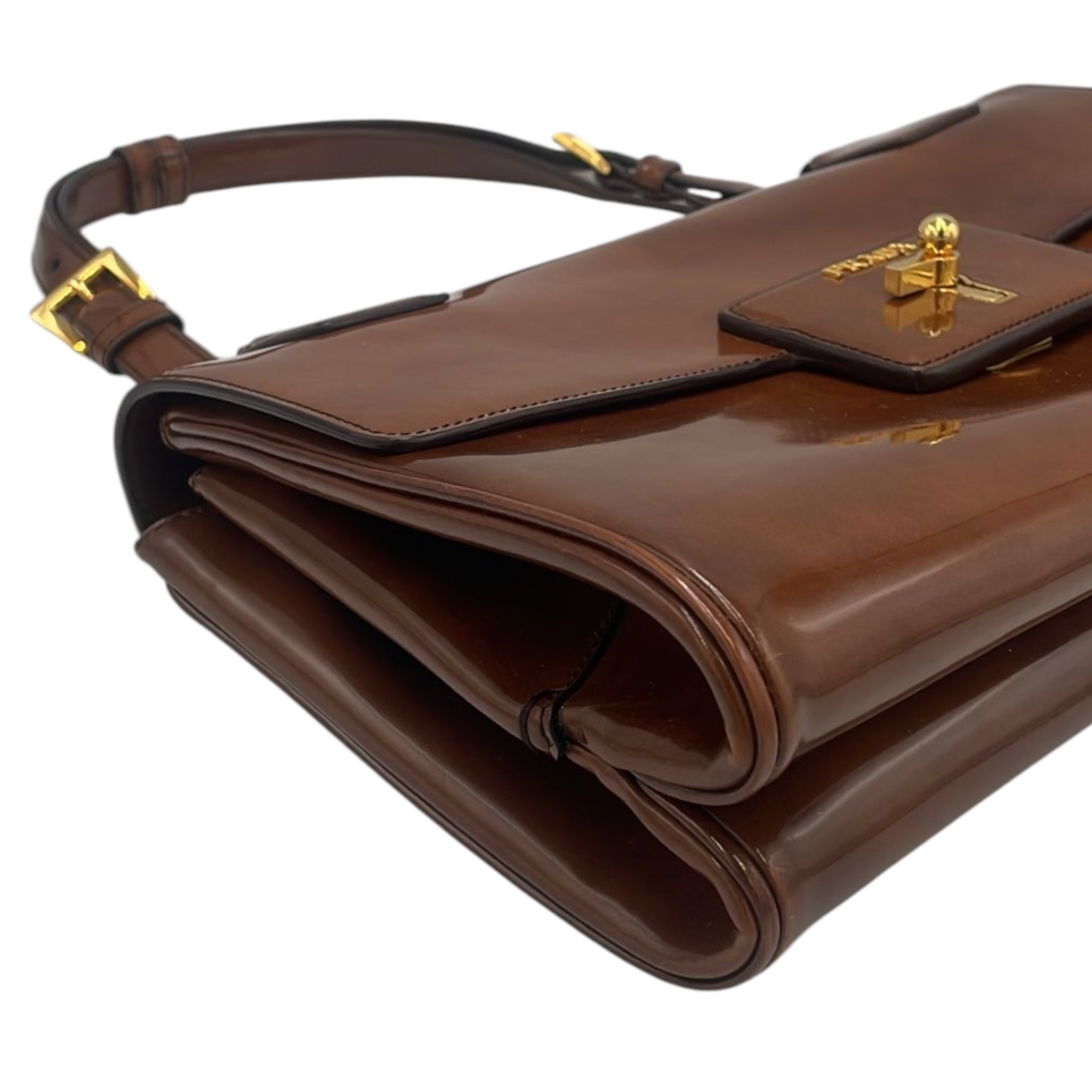 Prada Shoulder Bag Brown Patent Leather Gold