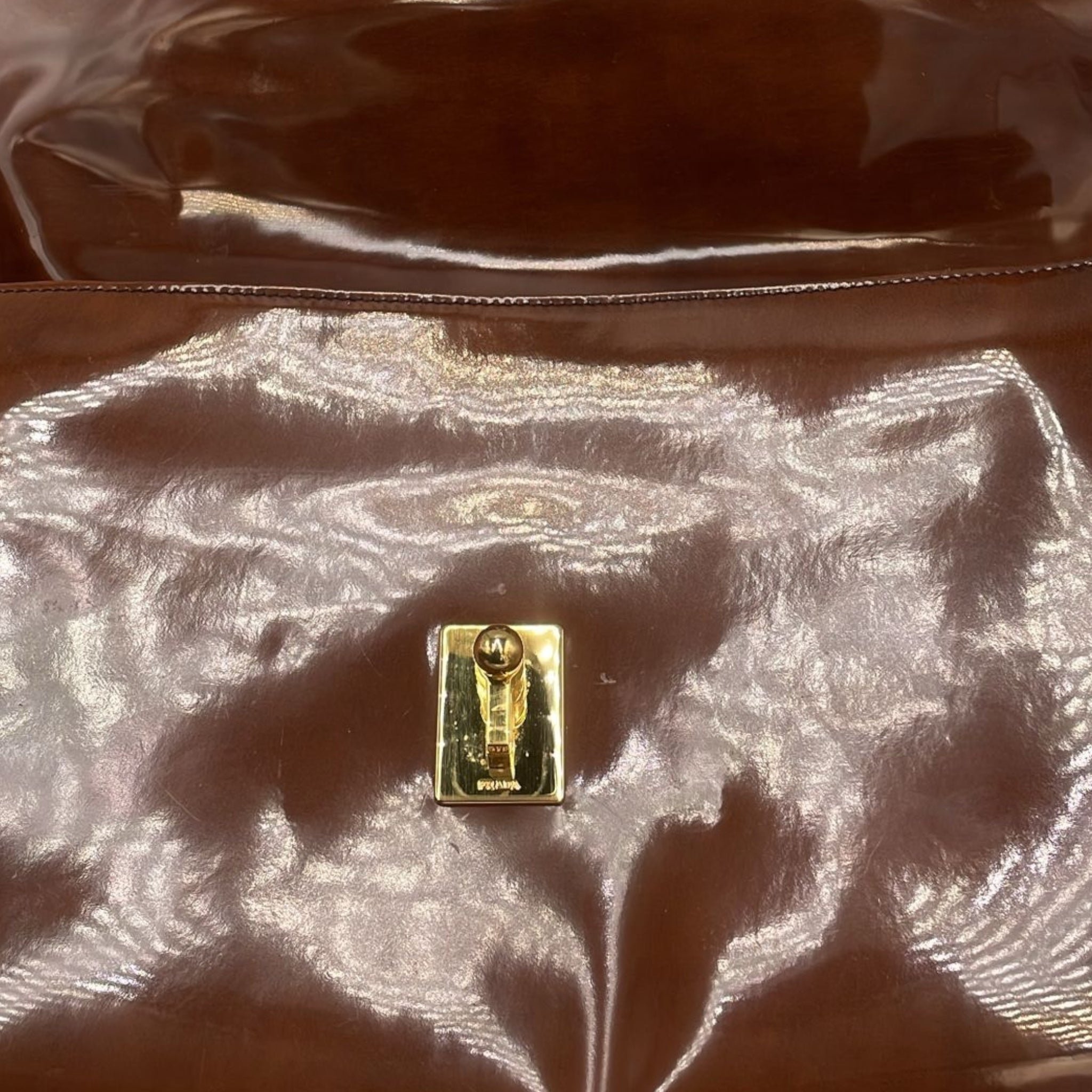 Prada Shoulder Bag Brown Patent Leather Gold