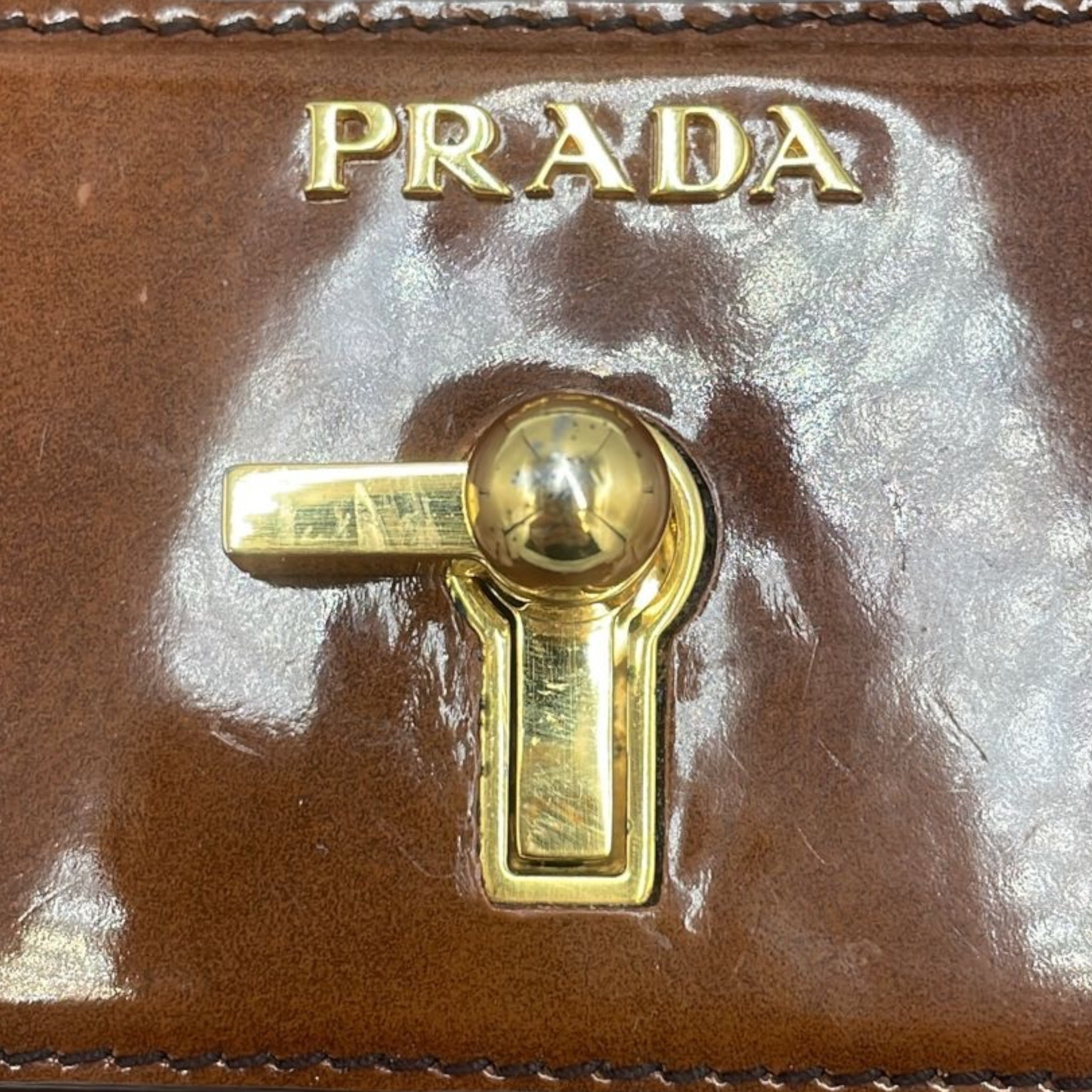 Prada Shoulder Bag Brown Patent Leather Gold