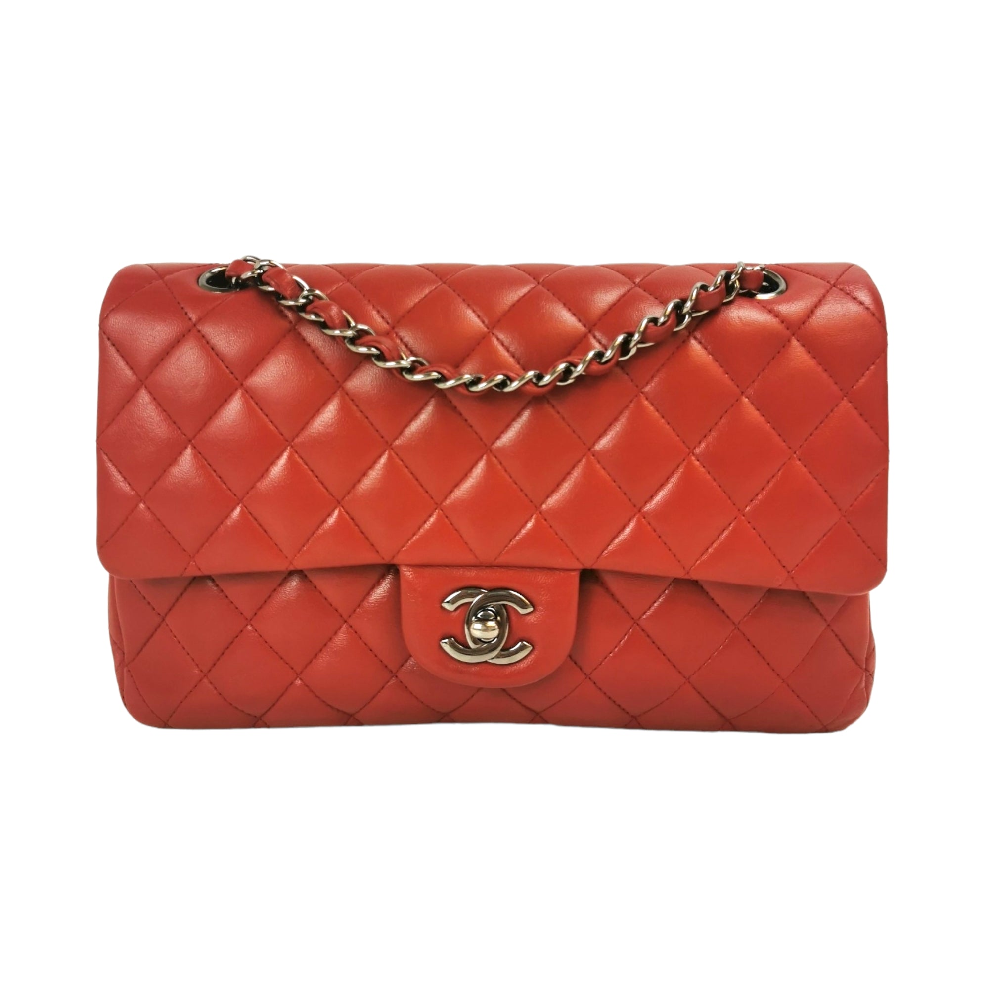 Chanel Classic Double Flap Medium Red Lambskin Silver