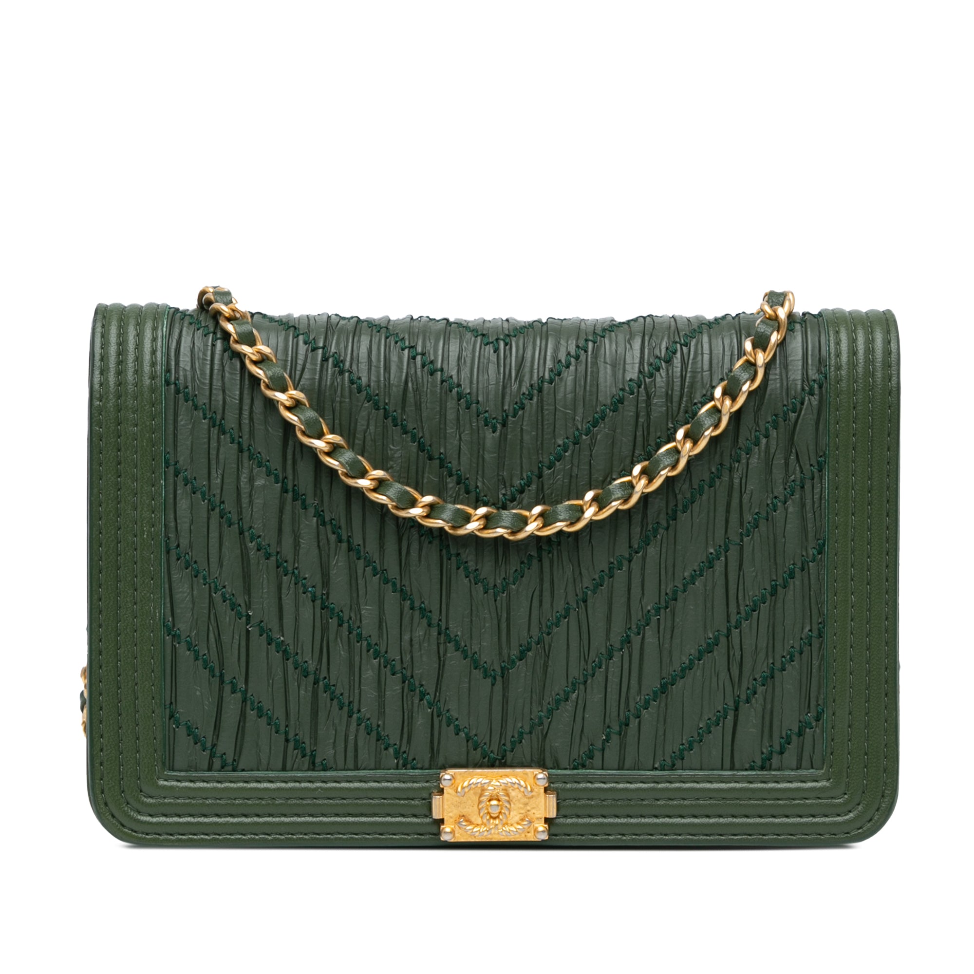 Chanel Boy Wallet On Chain Green Chevron Quilted Crumpled Calfskin