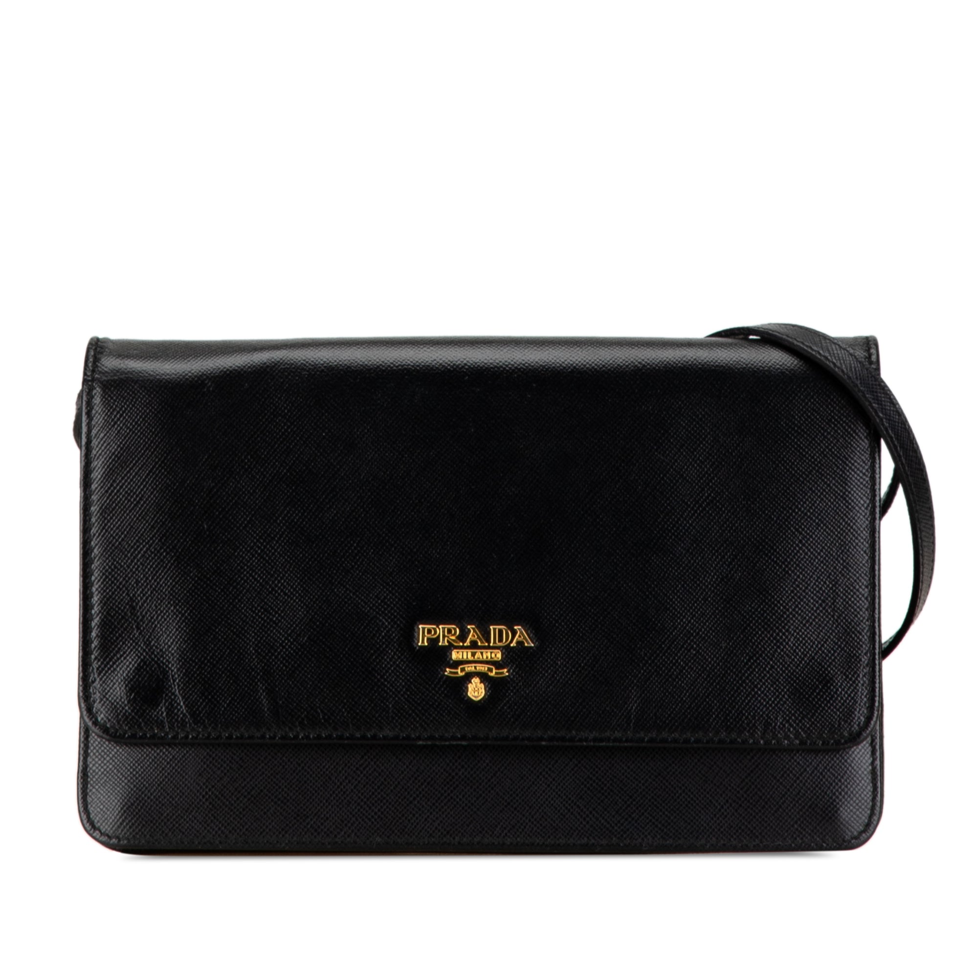 Prada Metal Flap Wallet on Strap Black Saffiani