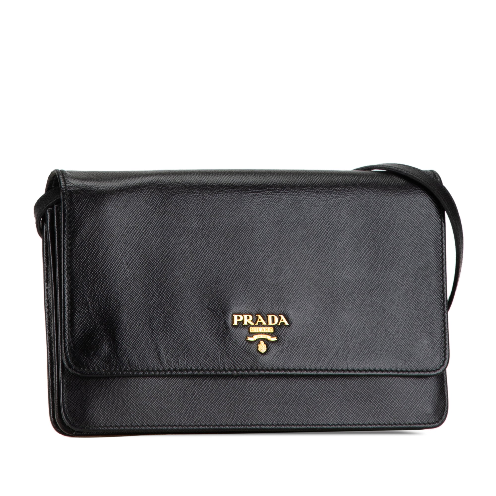 Prada Metal Flap Wallet on Strap Black Saffiani