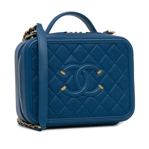 Chanel CC Filigree Vanity Case Blue Caviar Gold