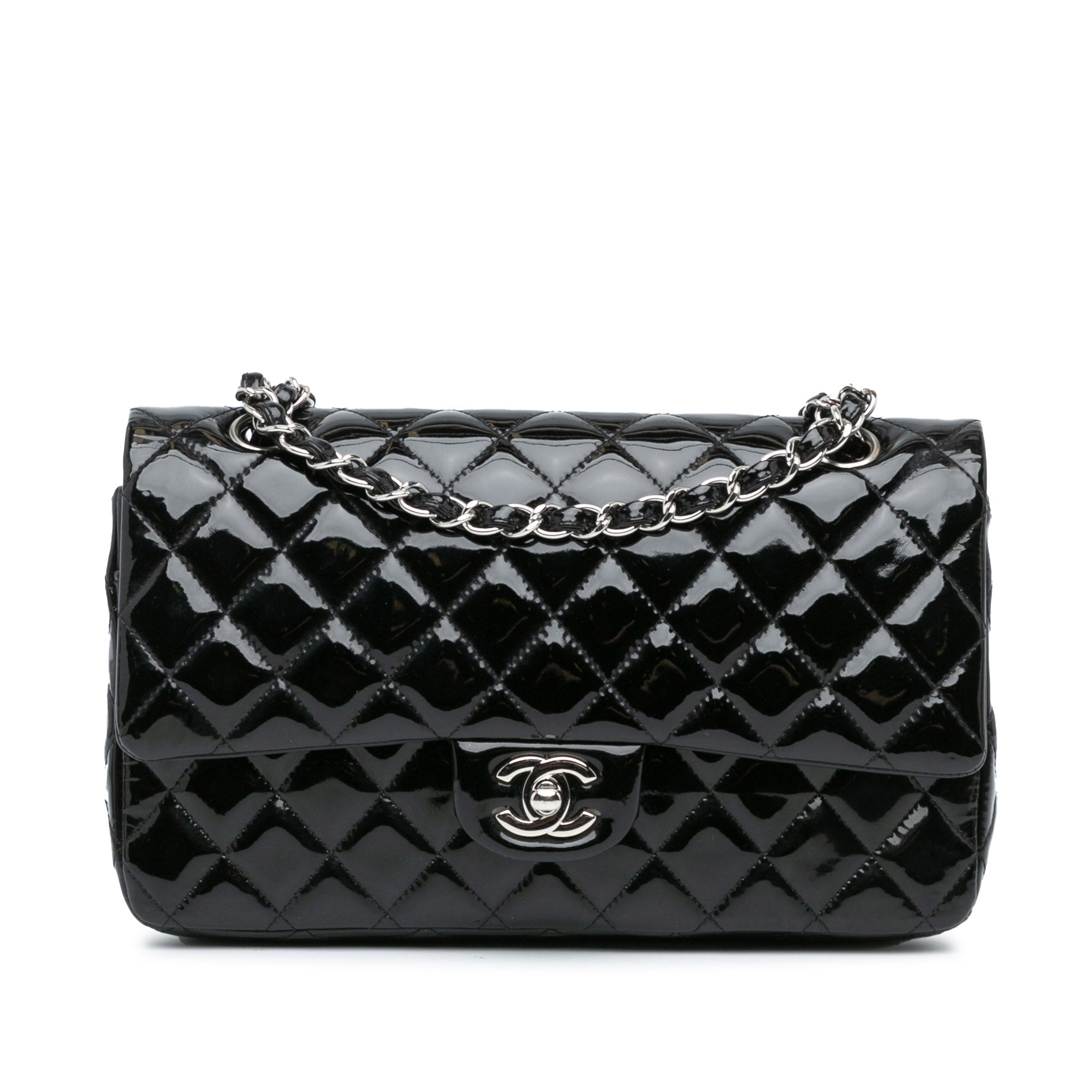 Chanel Classic Double Flap Medium Black Patent Leather Silver