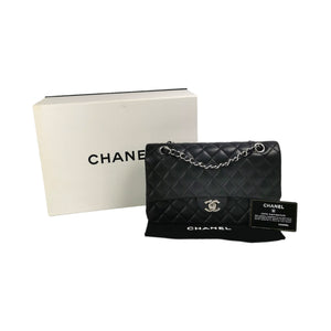 CHANEL Classic Double Flap Medium Black Caviar Leather Bag Silver Hardware