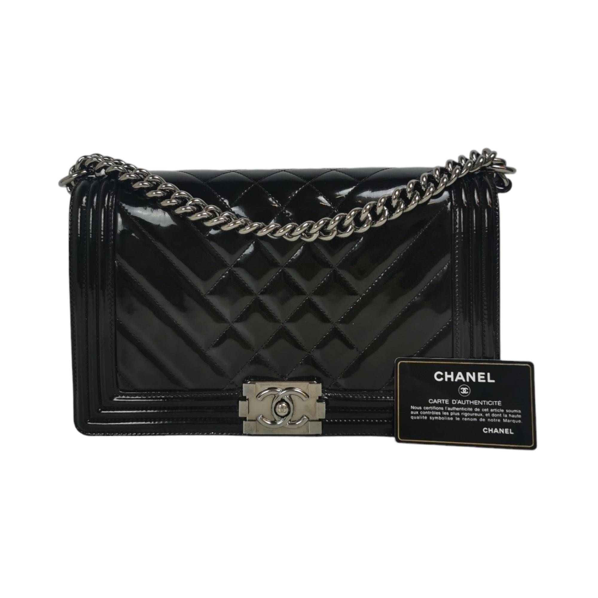 Chanel Boy Large Black Patent Leather Silver